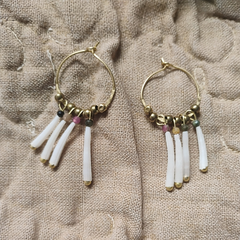 Handmade Tusk Shell And Tourmaline Hoops - Picture 5 of 5